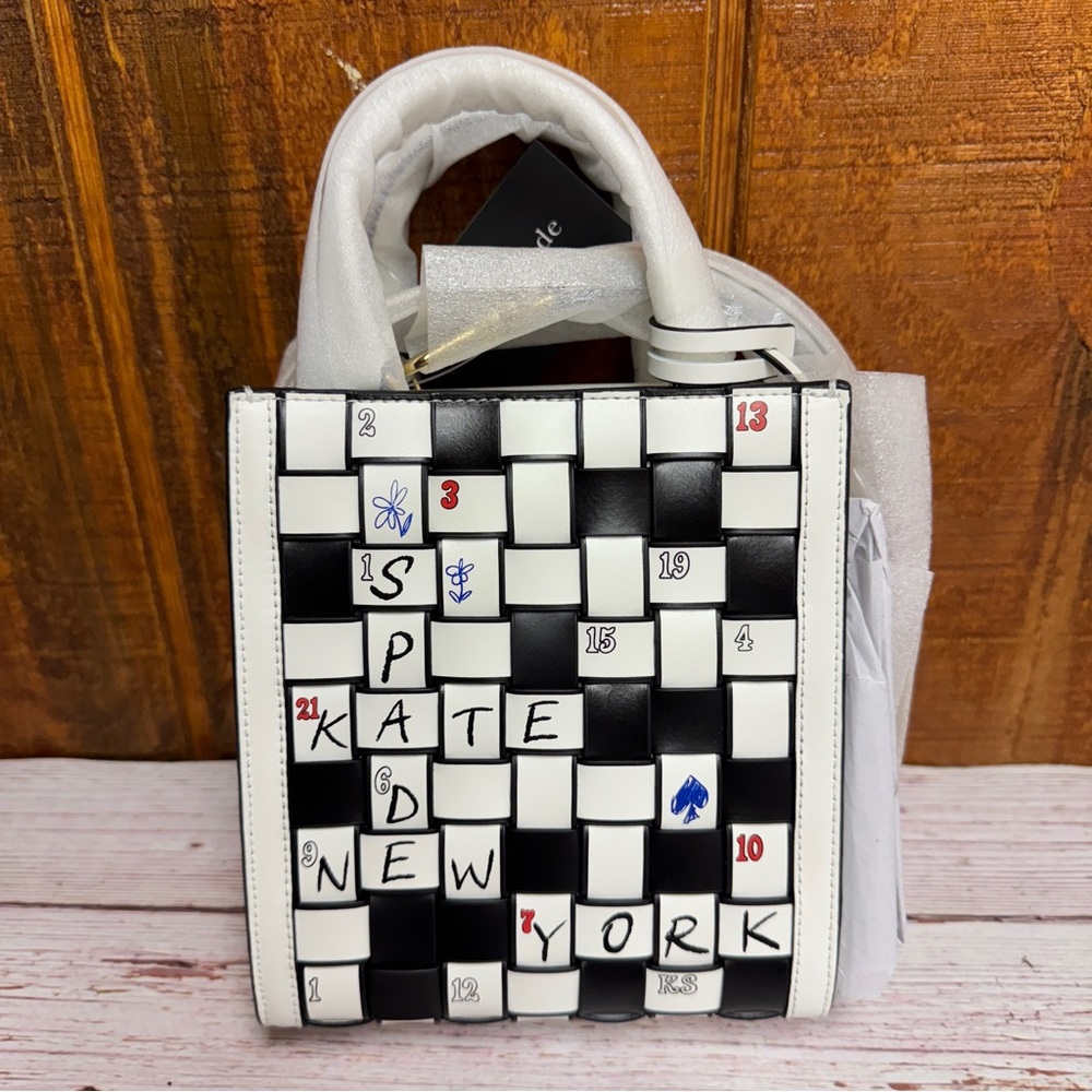 Kate Spade Wordplay Mini Manhattan Leather Tote - Black & White Crossword - Picture 1 of 8